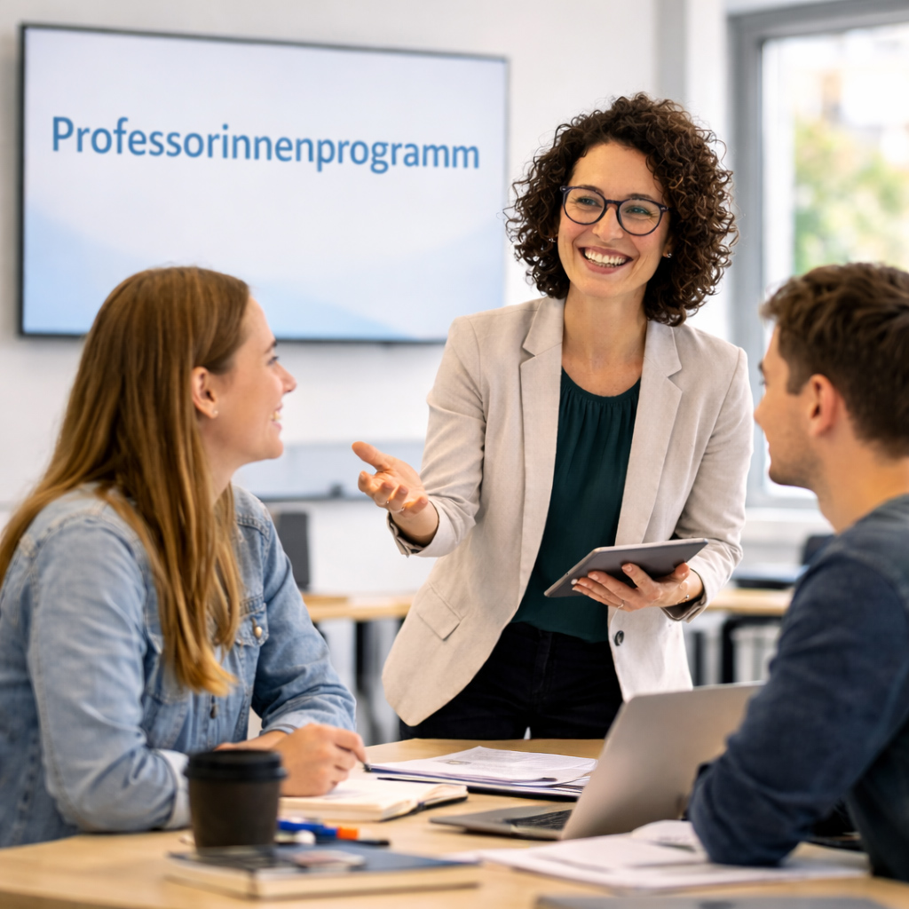 Professorin im Seminarraum mit zwei Studierenden