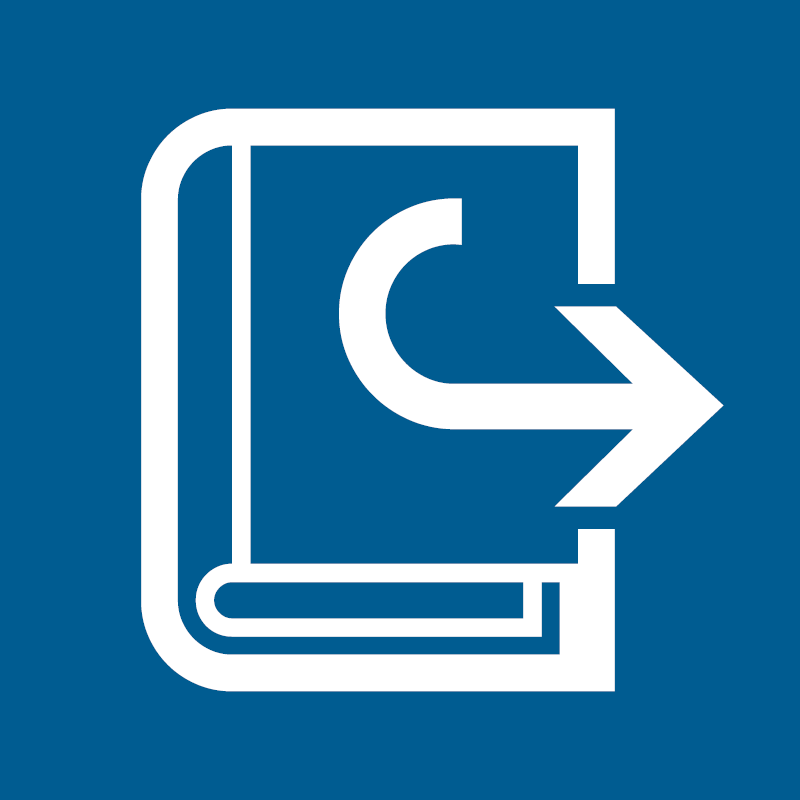 Fernleihe Buch im Comicstil mit Pfeil in weiß auf blauem Hintergrund