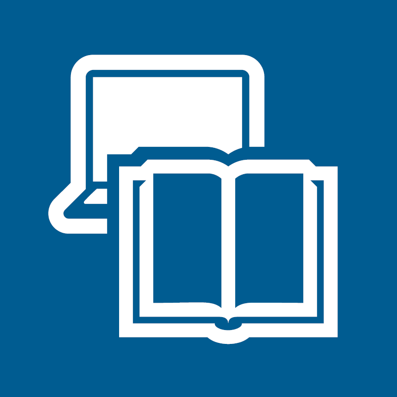 Literaturversorgung Buch vorm Laptop, beide in weiß auf blauem Hintergrund