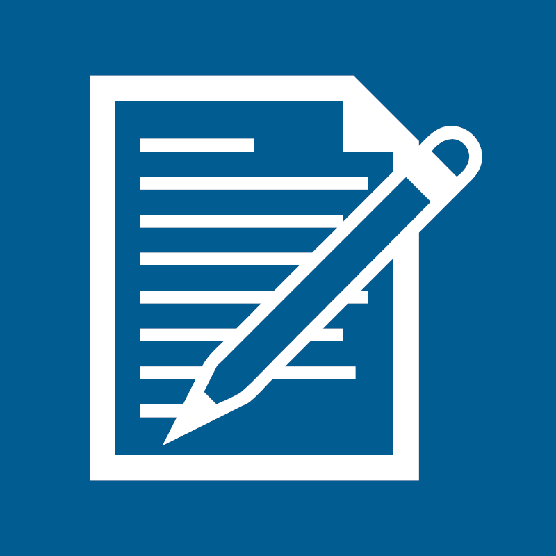 Publizieren beschriebenes Blatt mit Stift in Weiß im Comicstil auf blauem Untergrund