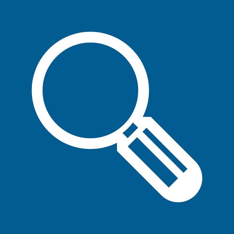 Suche Lupensymbol in weiß auf blauem Hintergrund