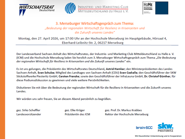 3. Merseburger Wirtschaftsgespräch zum Thema:„Bedeutung der regionalen Wirtschaft für Resilienz in Krisenzeiten und die Zukunft unseres Landes“