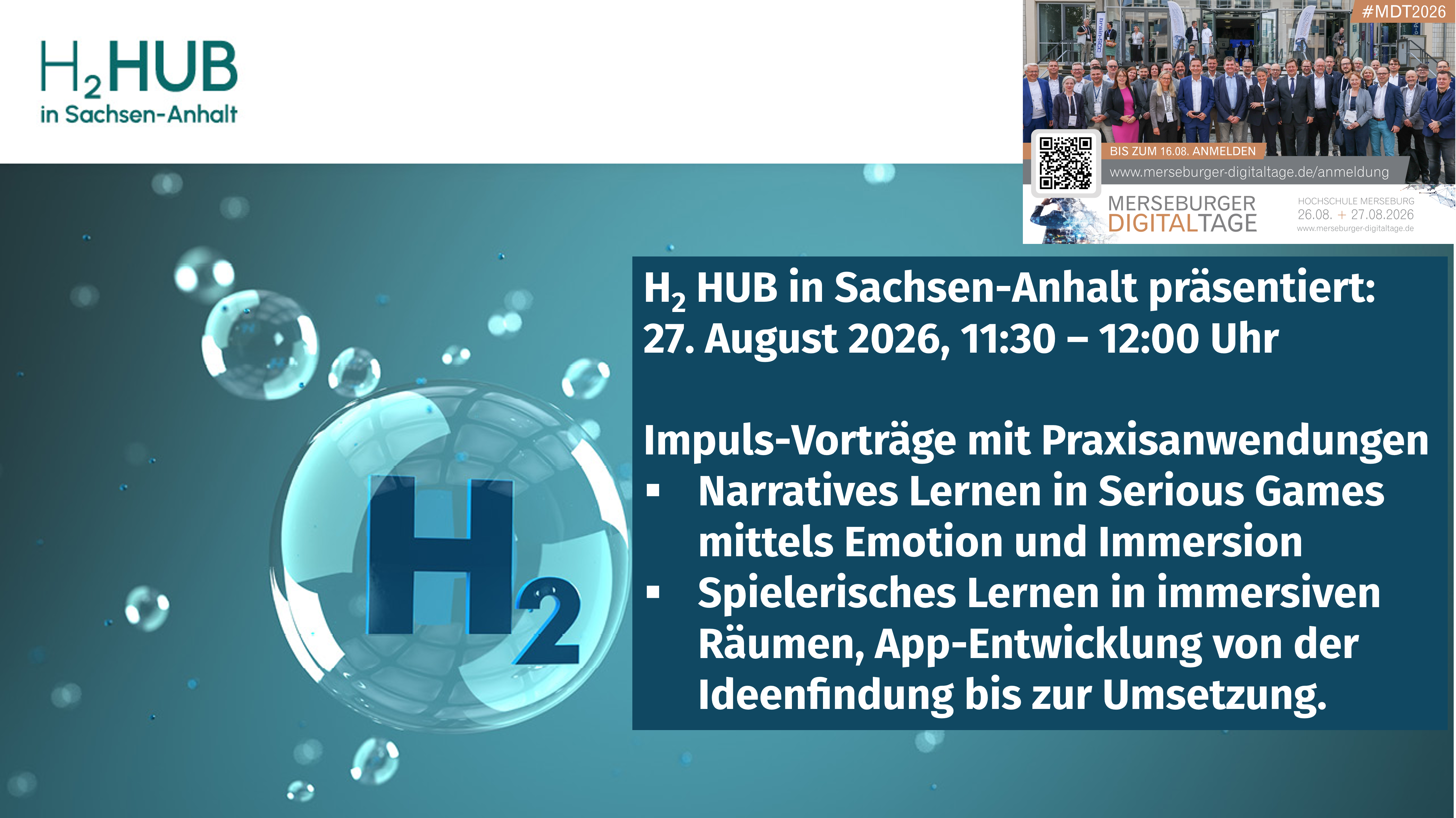 H2 HUB in Sachsen-Anhalt präsentiert: Zwei Impuls-Vorträge mit Praxisanwendungen im Rahmen der Merseburger Digitaltage 2026 H2 HUB in Sachsen-Anhalt präsentiert: Zwei Impuls-Vorträge mit Praxisanwendungen im Rahmen der Merseburger Digitaltage 2026