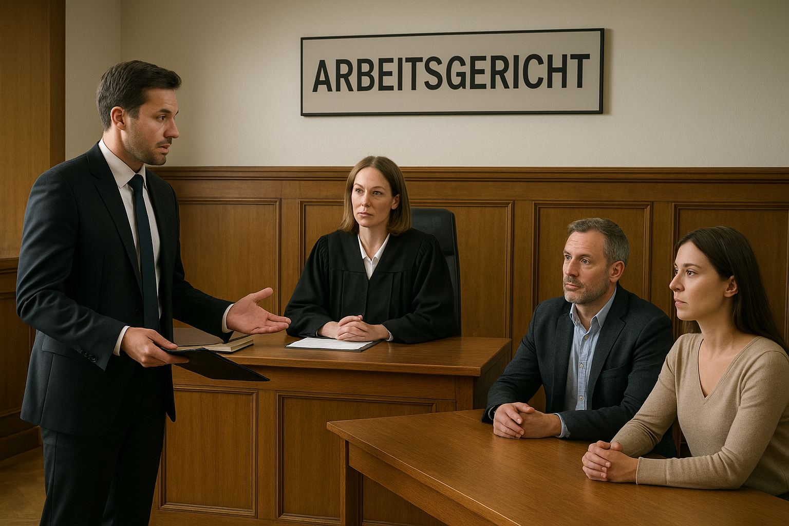 Szene im Arbeitsgericht mit Richterin, Anwalt und 2 Personen. KI generiert