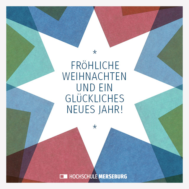 Ein quadratisches Grafikmotiv: bunte Papierblätter sind so gelegt, dass sich in ihrer Mitte eine Sternform bildet. Darin ist als Gruß in Großbuchstaben zu lesen: Fröhliche Weihnachten und ein glückliches neues Jahr!