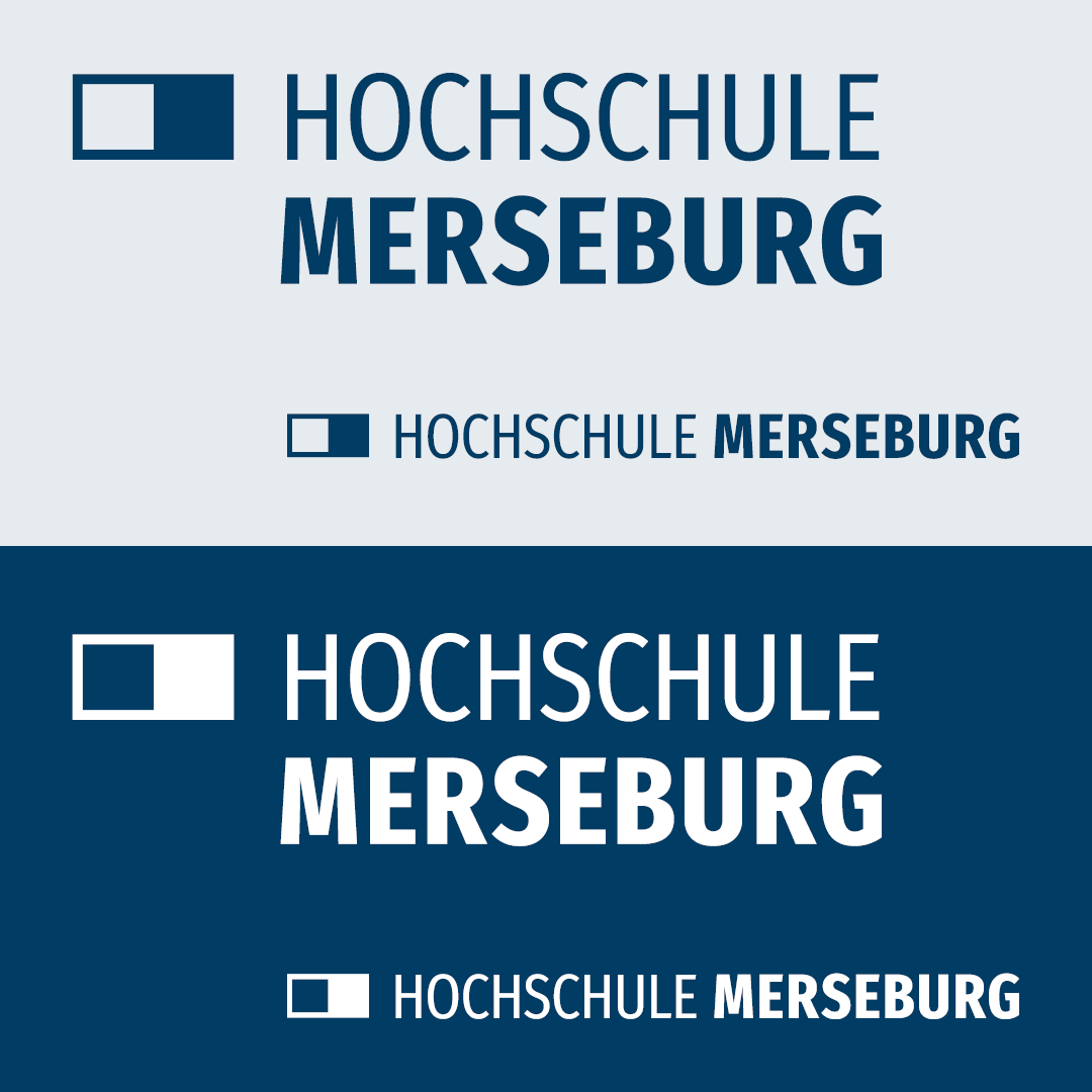 Grafik: Das Logo der Hochschule Merseburg in seiner vereinfachten Form, das sogenannte "Minilogo", auf hellem bzw. dunklem Hintergrund
