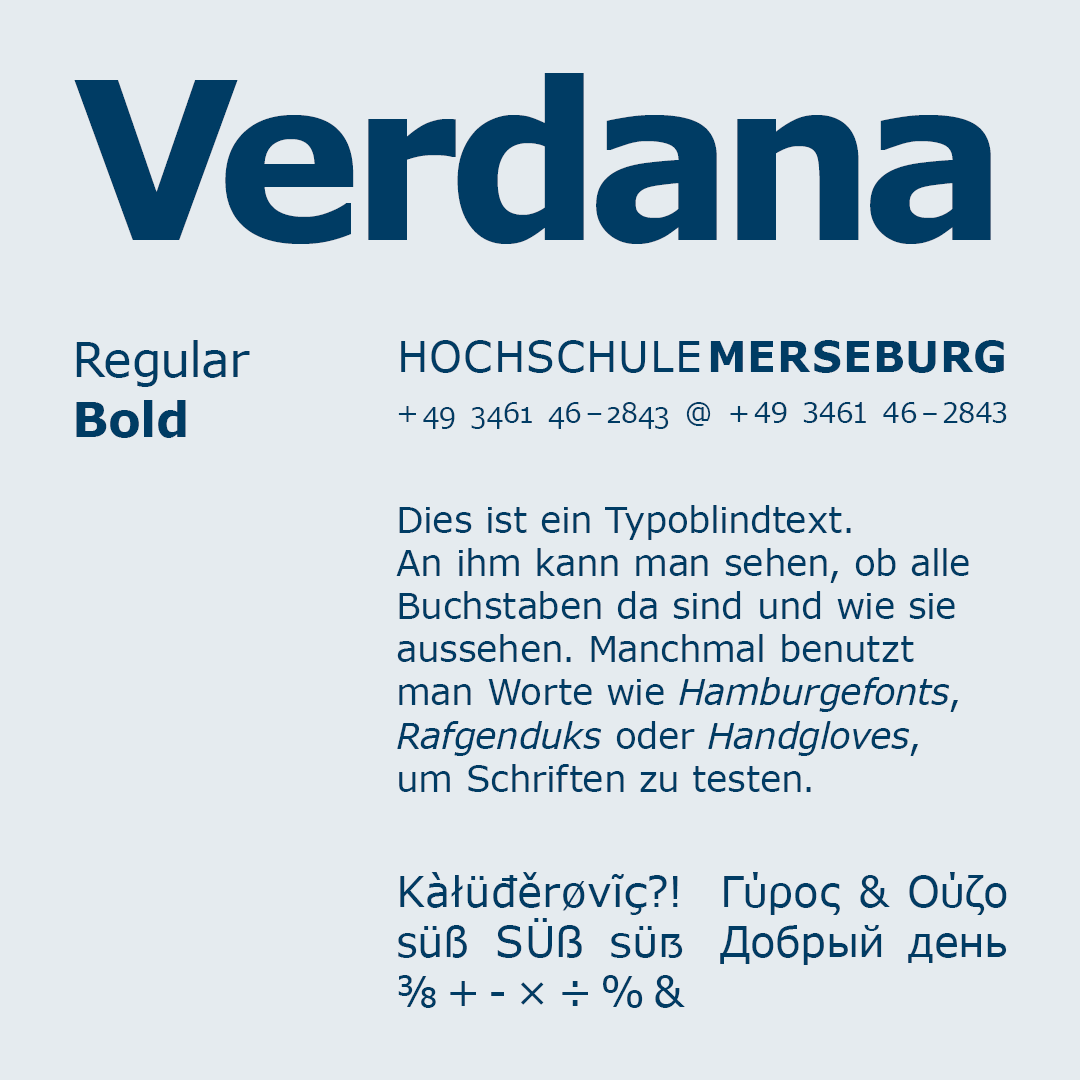Grafik: Textbeispiele der alternativen Hausschrift Verdana