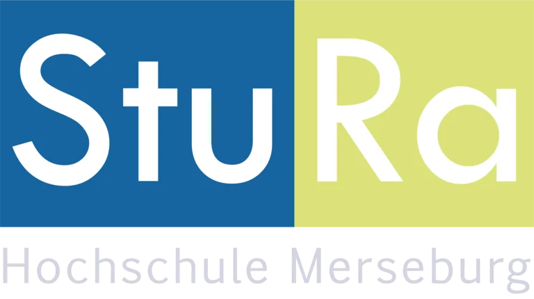 Die Buchstaben Stu und Ra auf blauem und gelbem Hintergrund (Logo des StuRa).