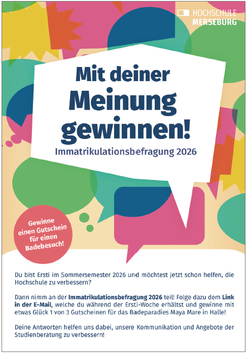 Sprechblase auf buntem Hintergrund mit dem Text "Mit deiner Meinug gewinnen". Im unteren Bereich befindet sich ein Text mit Erläuterungen zur Immatrikulationsbefragung.