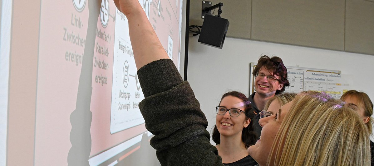 Eine Person zeigt drei weiteren Personen etwas an einem Whiteboard