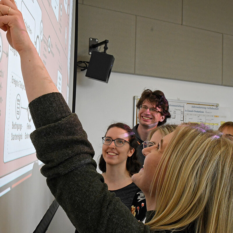 Eine Person zeigt 3 weiteren Personen etwas an einem Whiteboard