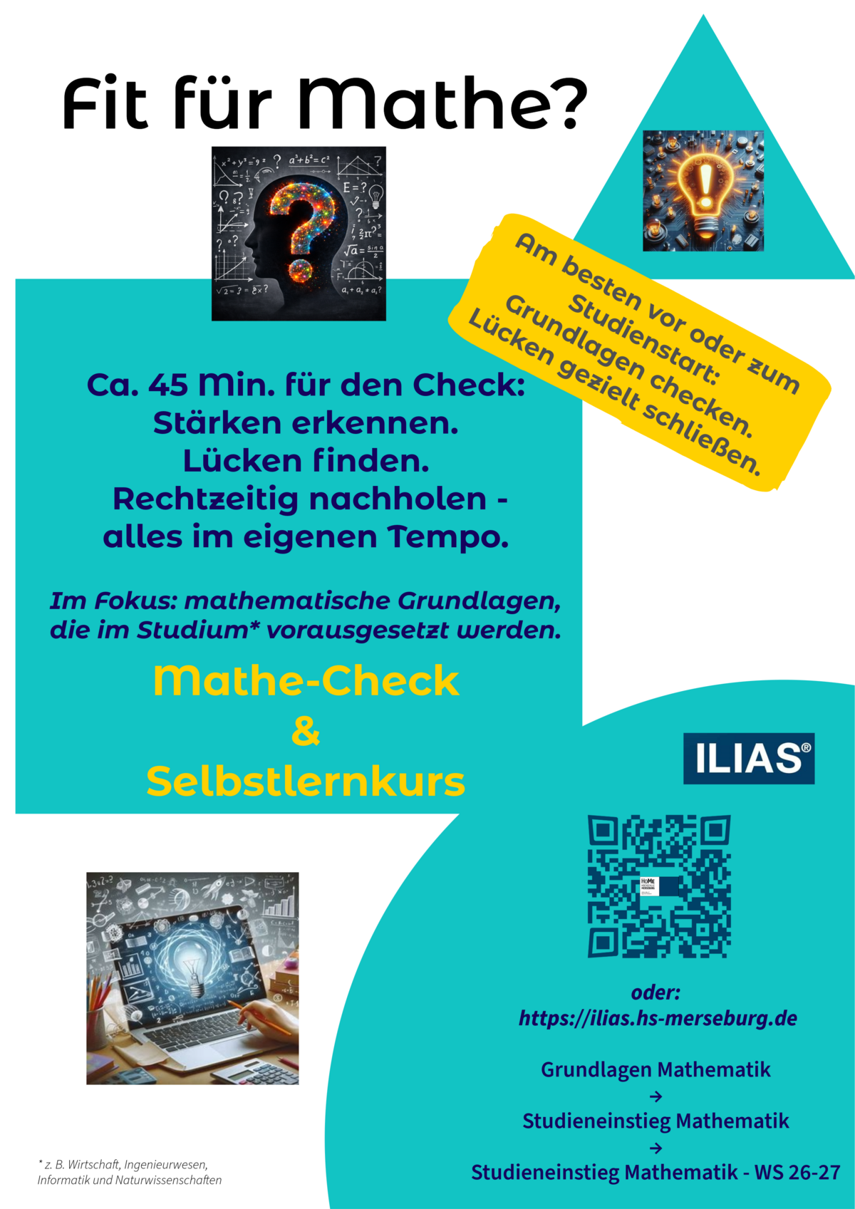 Plakat mit Claim "Fit für Mathe?" inklusive Informationen zum Mathe-Check und Selbstlernkurs.