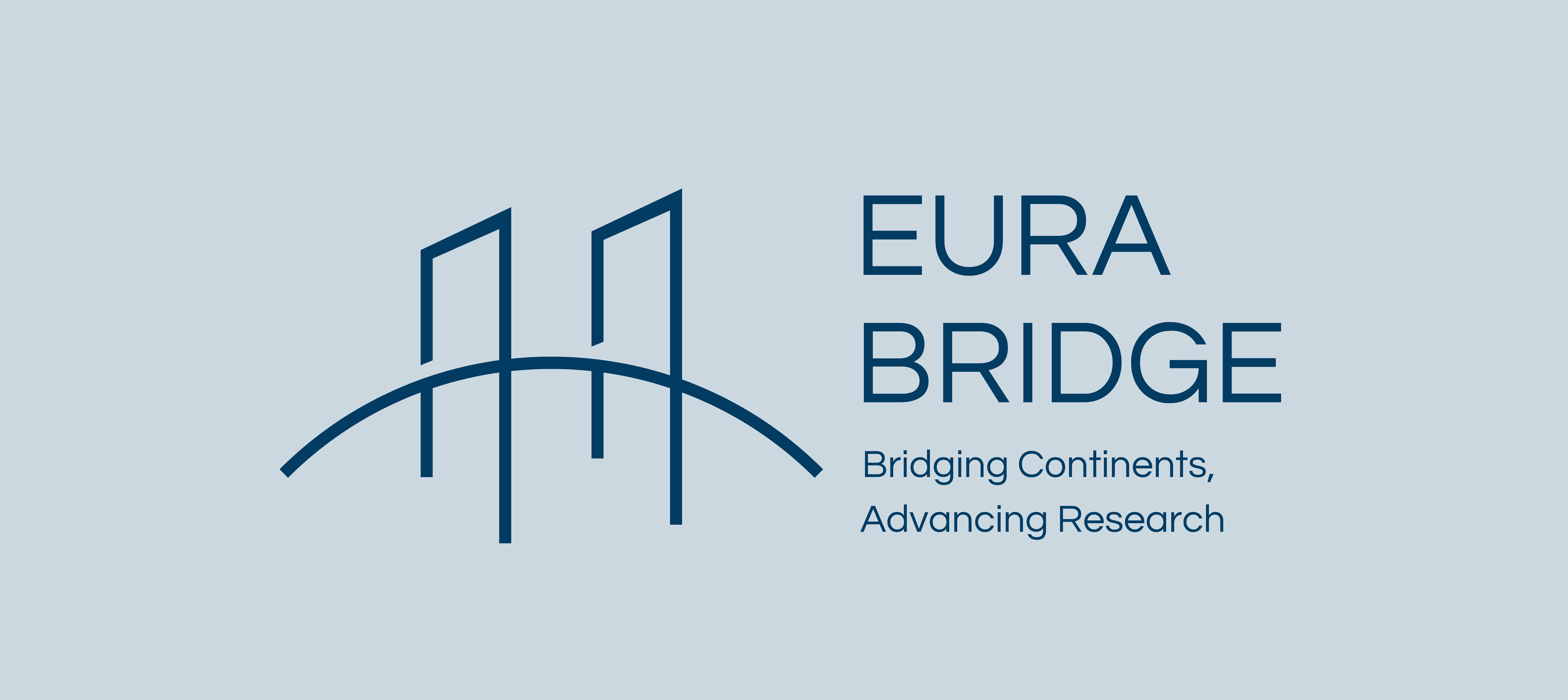 Projektlogo EURA Bridge, Brückensymbol, Slogan: Bridging Continents, Advancing Research