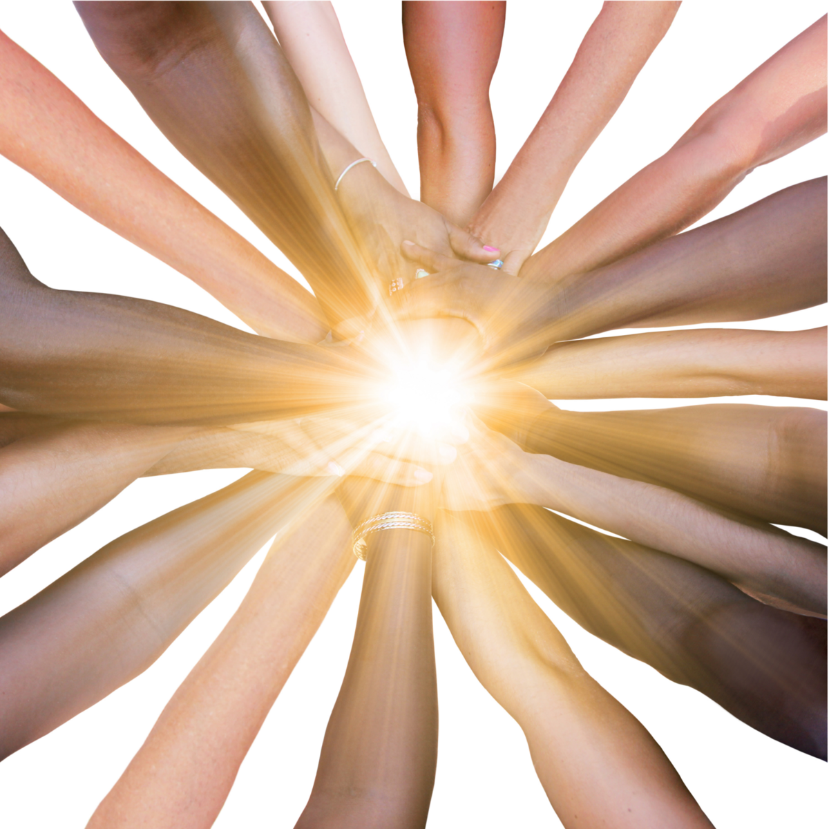 Auf dem Foto sind ungefähr 15 Hände zu sehen. Diese treffen sich mit ihren Fingerspitzen in der Mitte. Diese Mitte leuchtet.