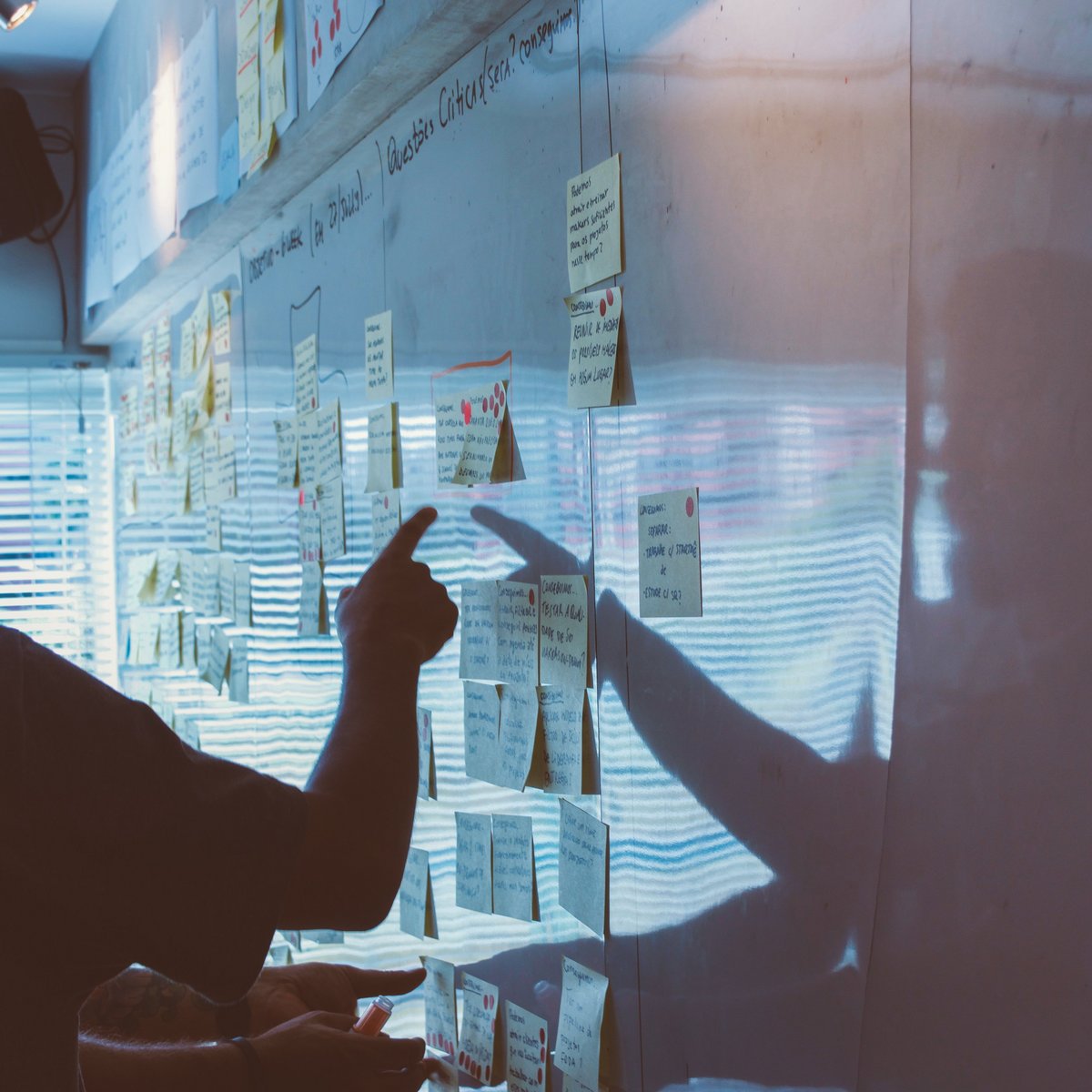 ein Arm der auf beschrieben Klebezettel an einem Whiteboard zeigt