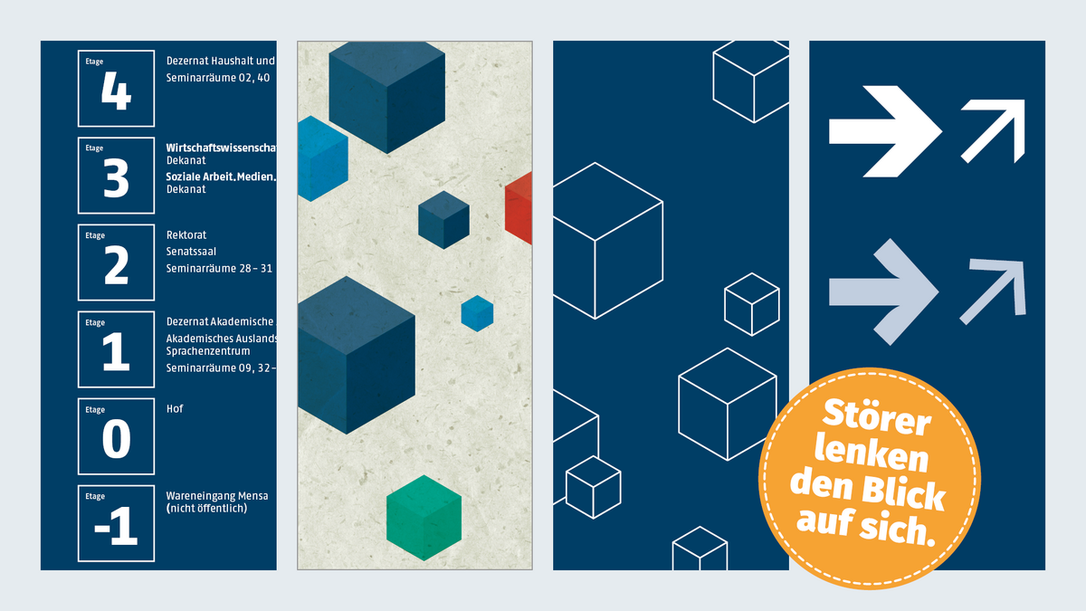 Übersichtsgrafik Formen: Quadrate, Würfel, Pfeile, Störer