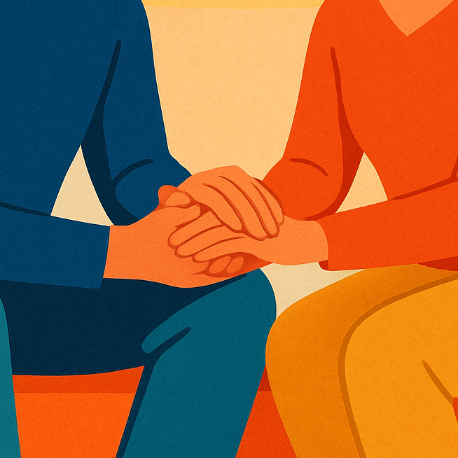 Eine Frau und ein Mann halten sich gegenseitig an den Händen fest.