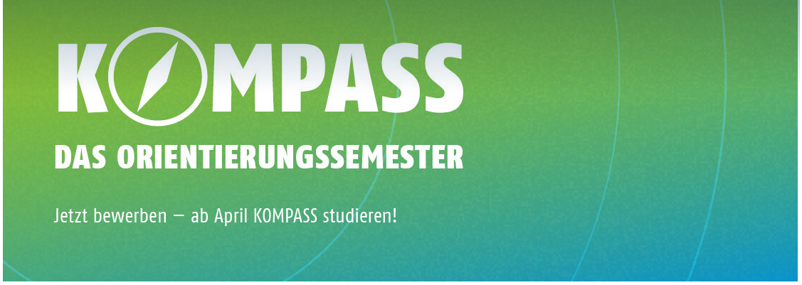 Kompass-Grafik grüun blauer Hintergrund, darfu ein weißer Schriftzug "Kompass"