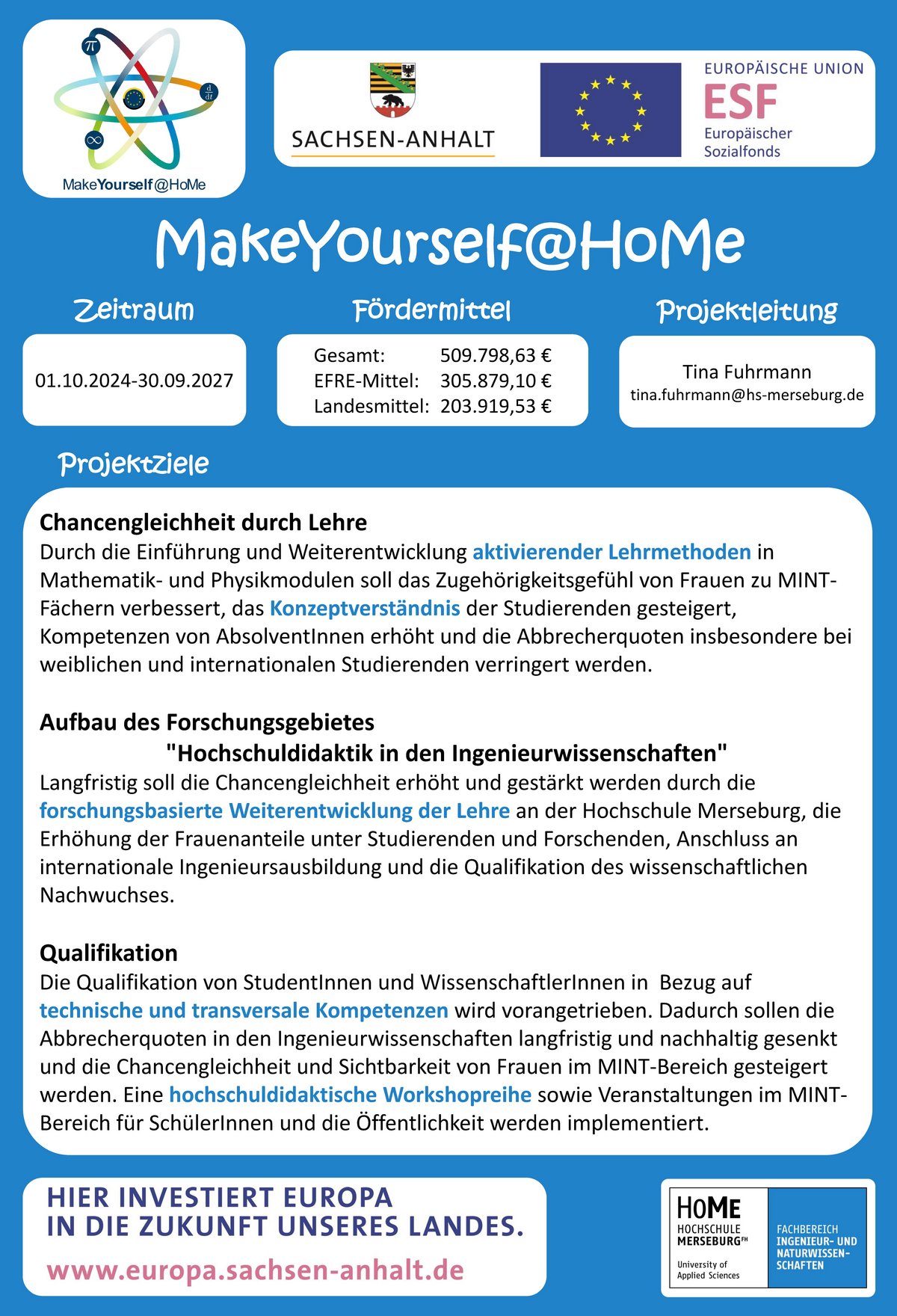 Es wird ein Plakat gezeigt, auf diesem stehen die Ziele des Projektes MakeYourself@Home.